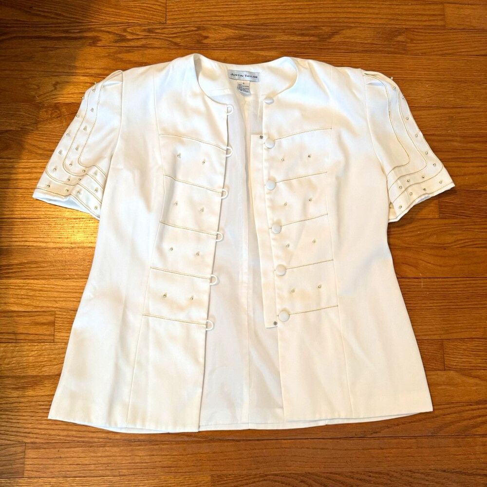 Justin Taylor White Satin Solid Round Neck Short Sleeve Button Blouse Size 16
